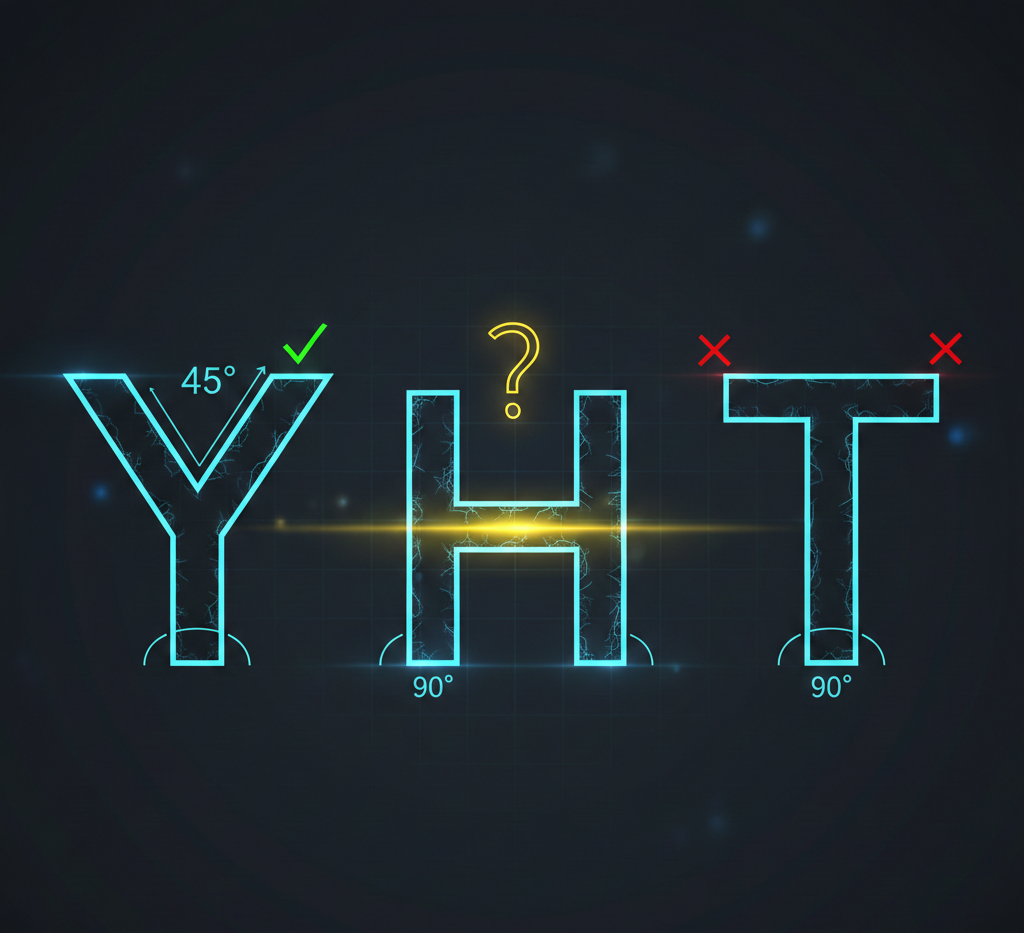YHT overhang rule diagram showing Y prints without support, H may need support, and T requires support