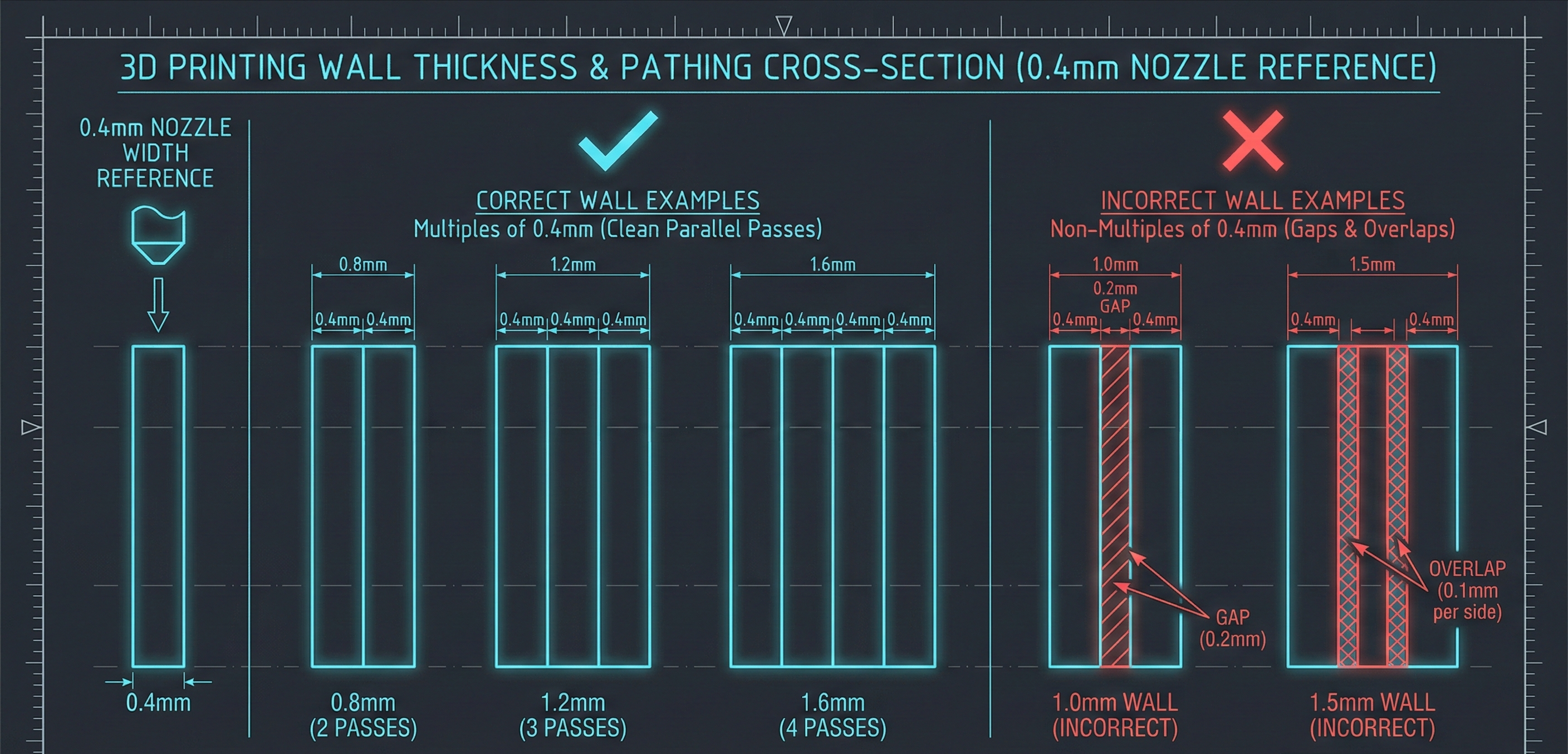 Wall thickness diagram showing correct nozzle-multiple walls and incorrect non-multiple walls for a 0.4mm nozzle