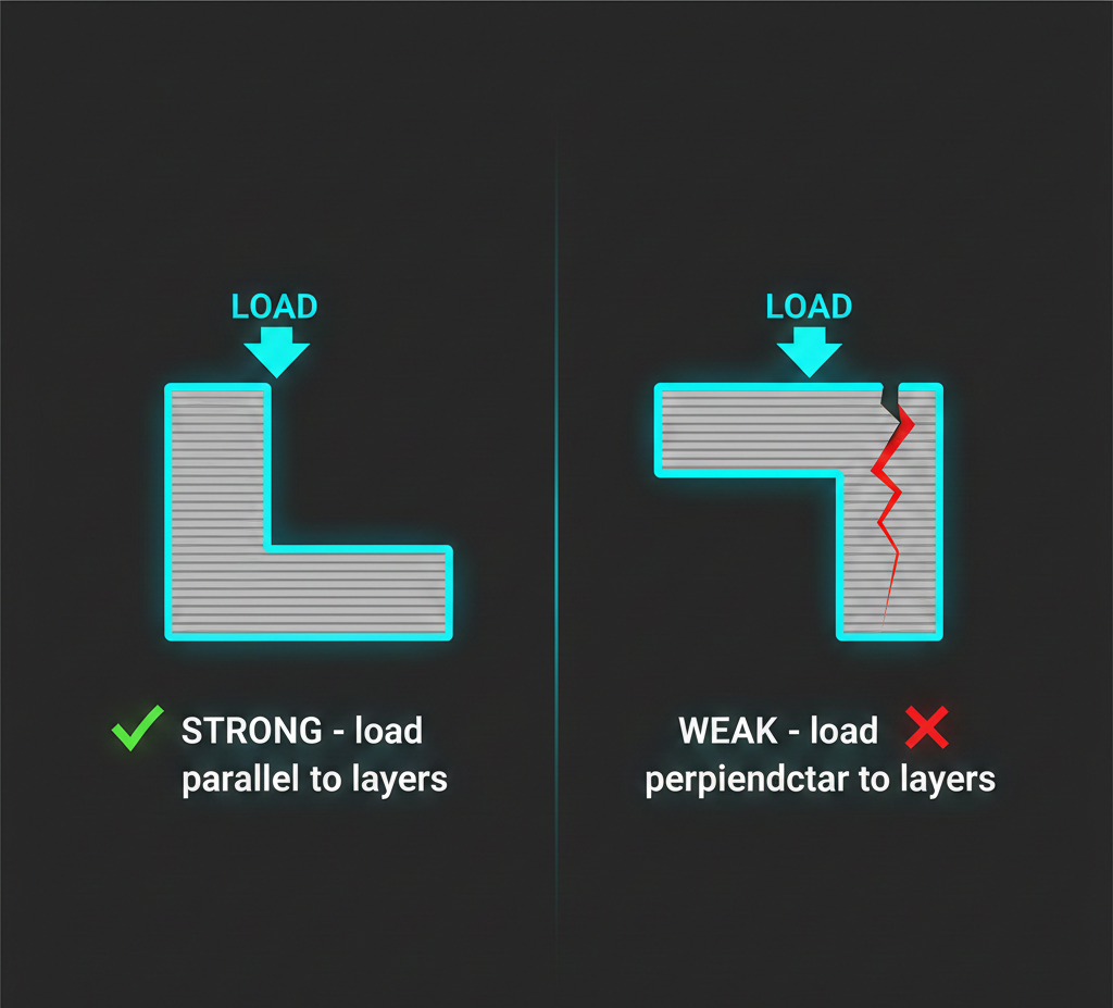 Part orientation diagram showing strong load-parallel orientation versus weak load-perpendicular orientation