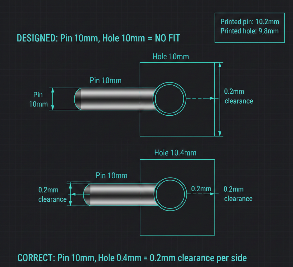 Mating parts clearance diagram showing why equal nominal dimensions fail and why adding 0.2mm per side clearance works