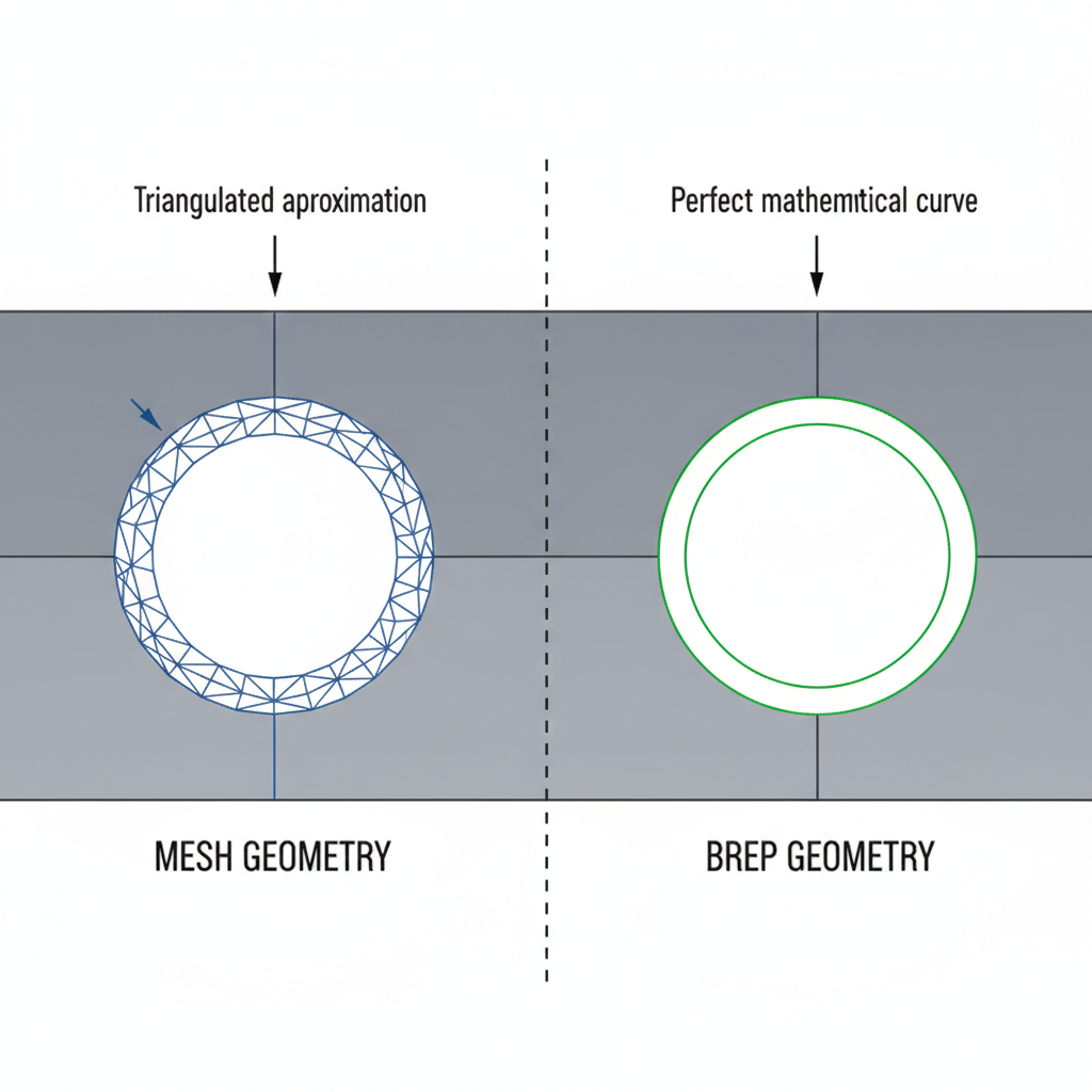 Triangulated mesh approximation of a circle compared to a perfect mathematical curve in BREP geometry