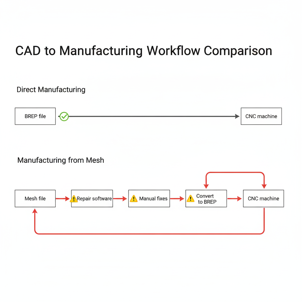 CAD to Manufacturing Workflow Comparison showing direct BREP path versus the complex mesh repair and conversion path